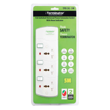 Terminator TPB 3G 3 Way Universal Power Extension Socket With 13A 3M & 5M Cable