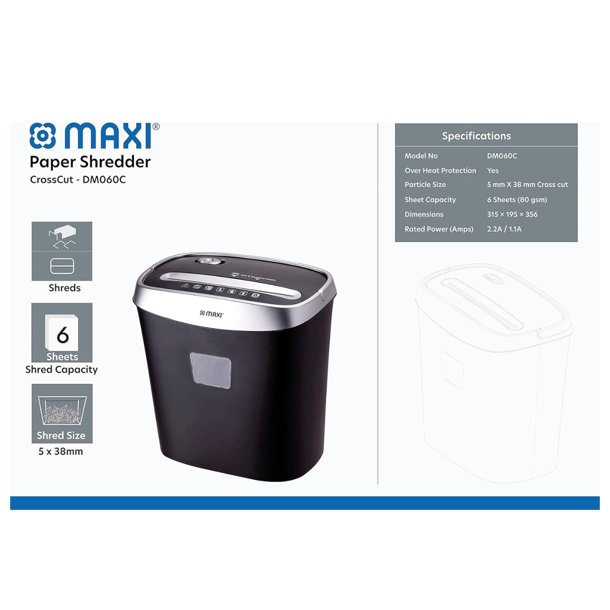 Maxi Paper Shredder CrossCut DM060C – High Security Cross-Cut, 6-Sheet Capacity, 14L Bin, Compact Office &amp; Home Use, Black