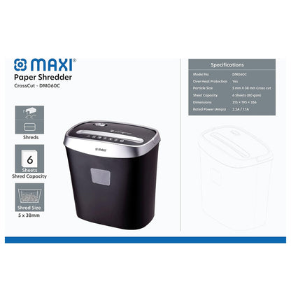 Maxi Paper Shredder CrossCut DM060C – High Security Cross-Cut, 6-Sheet Capacity, 14L Bin, Compact Office &amp; Home Use, Black