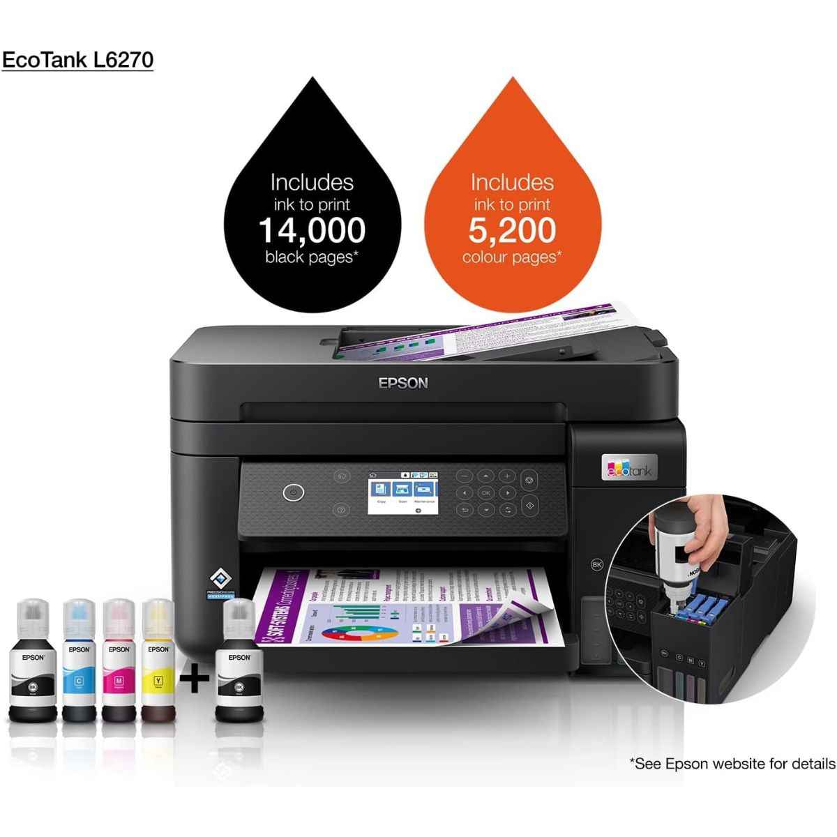 Epson EcoTank L6270 A4 Wi-Fi Duplex All-in-One Ink Tank Printer | Print, Scan & Copy | ADF | Borderless Printing | Ink Filled Machine | With Box | C11CJ61407