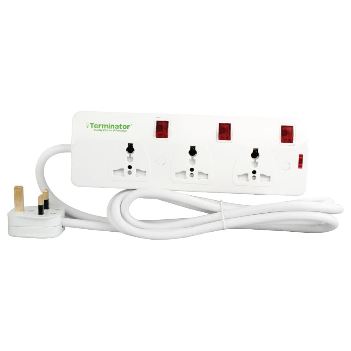 Terminator TPB 823-2M 3-Way Universal Power Extension Socket | Individual Switches & Indicators | 2-Meter Cable