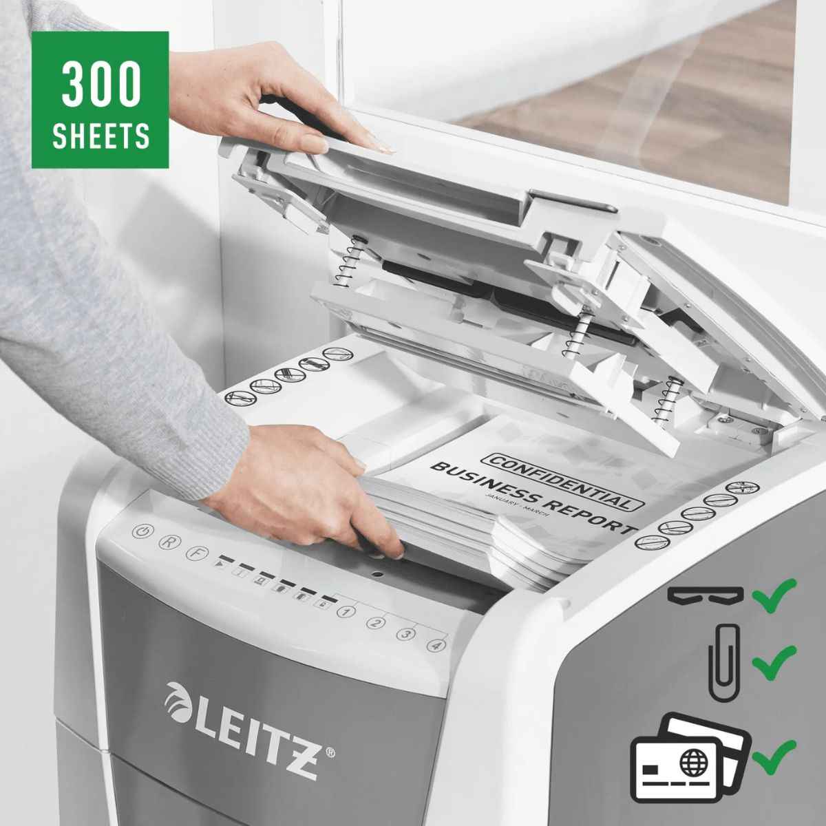 Leitz IQ Autofeed Office Particle Cut Shredder P4, 300 Sheets, 60L Waste Bin, White, 80150000