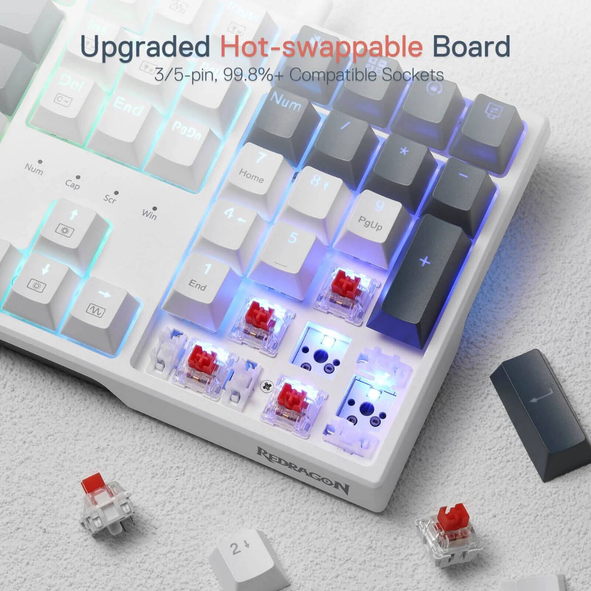 Redragon Trundle K668WBO RGB Full Size Mechanical Gaming Keyboard – 108 Keys, Hot-Swappable Red Switches, RGB, White (English Layout)