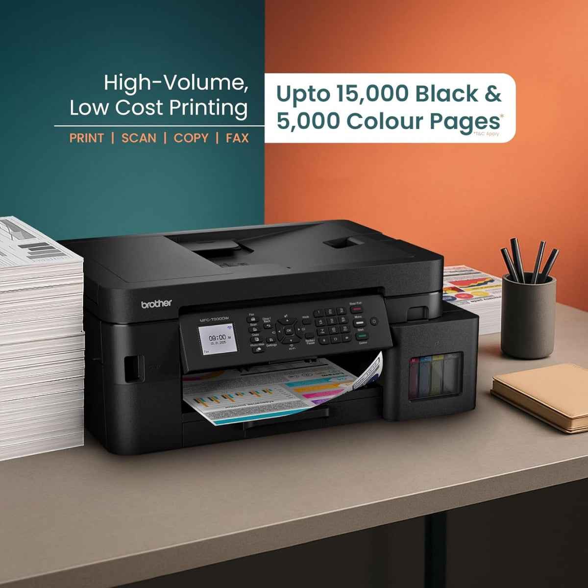 Brother MFC-T930DW Ink Tank Printer, Up to 1200 x 6000 DPI, 17 IPM Print Speed, Auto 2-Sided Duplex Printing, 20 Sheets Auto-Document Feeder, WiFi, WiFi-Direct, USB 2.0, LAN, Black | MFC T930DW