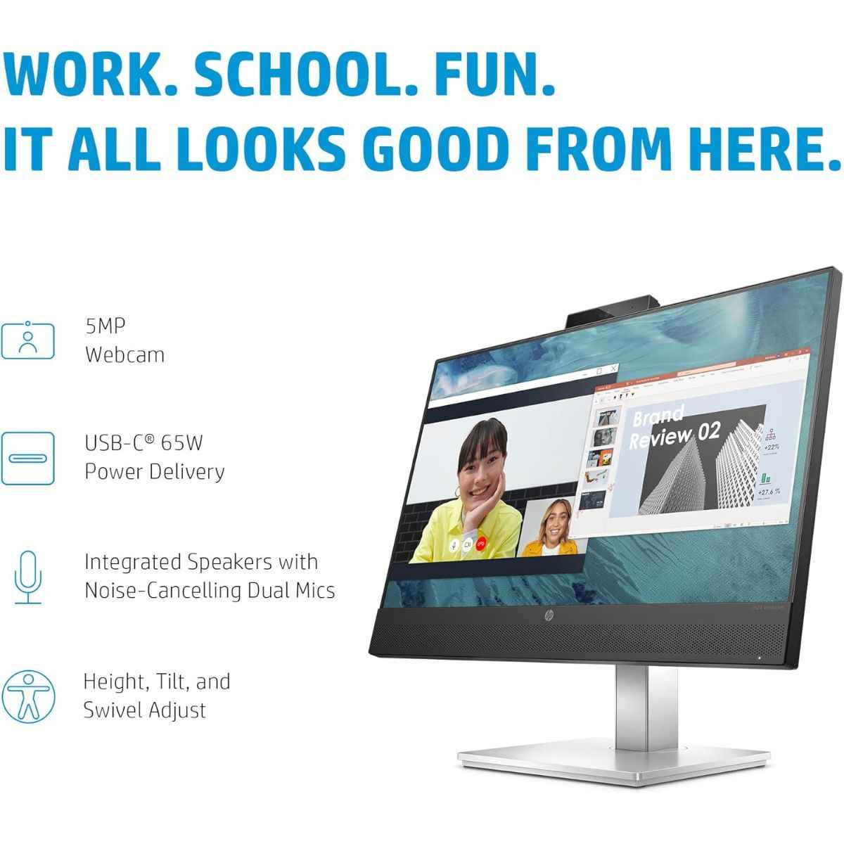 HP E24m G4 Monitor, 23.8" FHD IPS Display, 75Hz Refresh Rate, 5ms GtG Response Time, 5 Mega-Pixel Webcam, 25 Degrees Tilt Adjustability, Built-In Speakers & Echo-Cancelling Dual Mics, Black