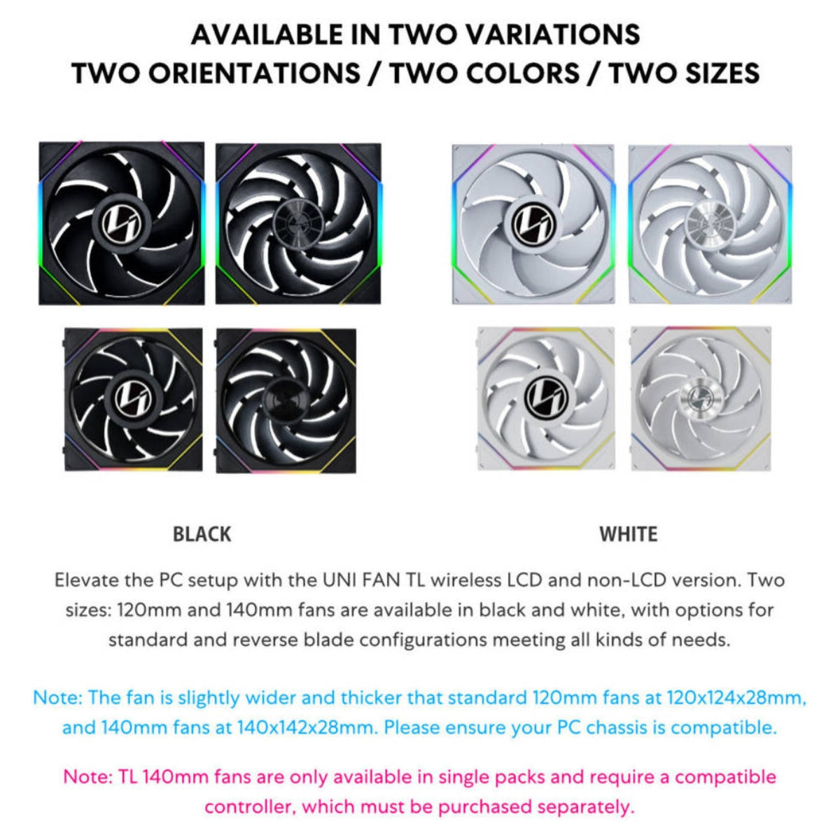 Lian-Li UNI FAN TL Wireless Reverse 140mm Case Fan – 1800 RPM, 103.9 CFM Airflow, Fluid Dynamic Bearing, 4-PIN PWM | Black / White
