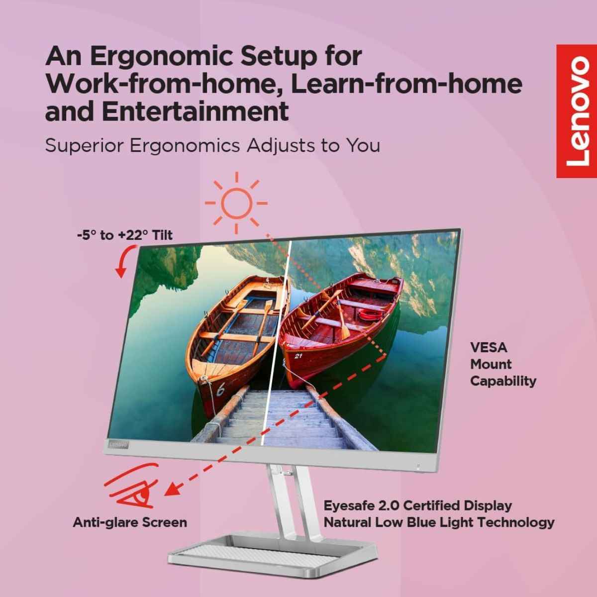 Lenovo FHD IPS Display Monitor, 21.5", 75Hz Refresh Rate, 4ms (Extreme Mode) Response Time, AMD FreeSync Technology, 16.7m Color Support, 16 9 Aspect Ratio, Cloud Grey