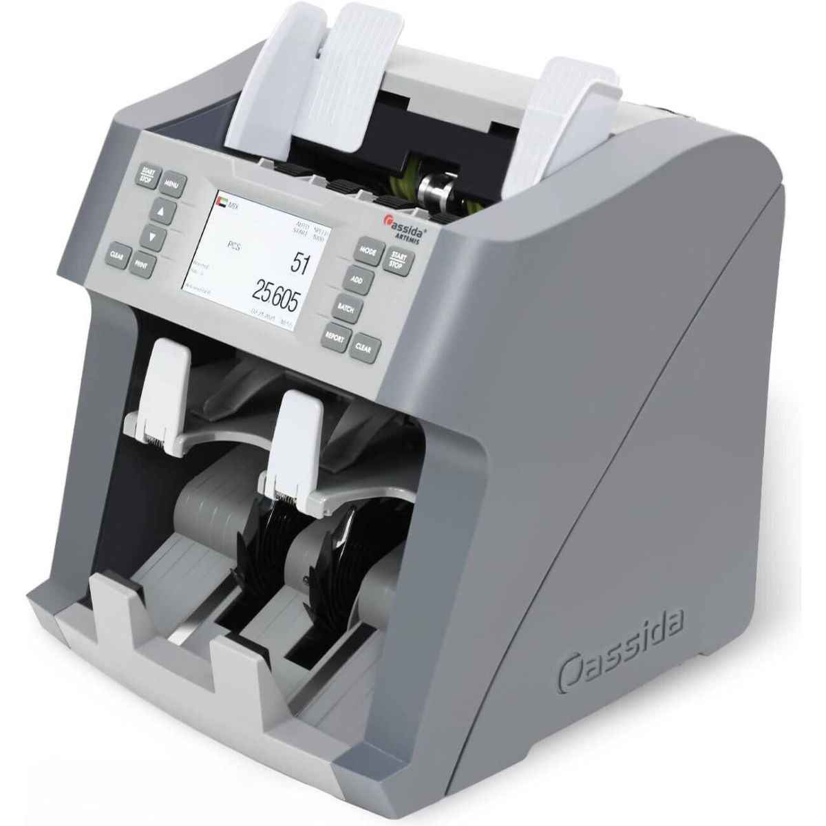 Cassida Artemis, Touchscreen LCD Display, 2 Pocket Mixed Value Counter & Sorter With Counterfeit Detection, Up to 15 Currencies, Automatic Currency Recognition, Gray | ARTEMIS