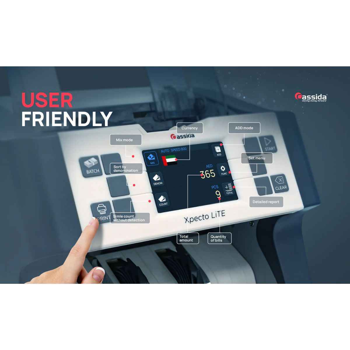 Cassida Xpecto LiTE, Single Mix Value Counter for AED Only, Hopper 600 Bills, Stacker 250 Bills, 3.2" LCD Screen, CIS, UV, MG, IR Detection System, Fast & Accurate Counting And Sorting, | Xpecto LiTE