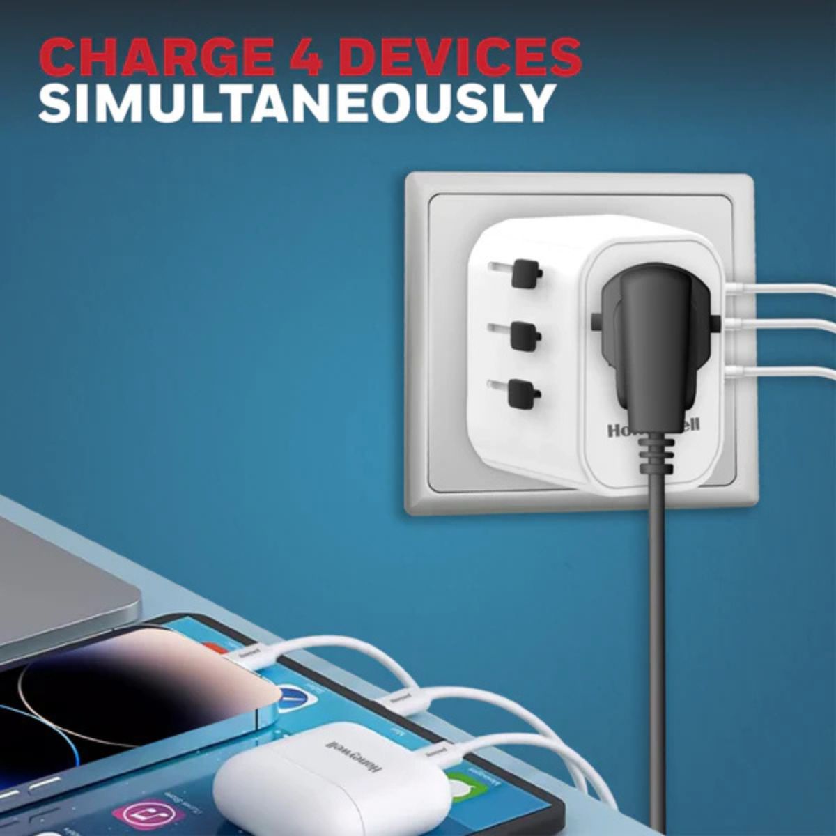Honeywell Universal World Travel Adapter (EU,US,UK & CN) with 2xUSB-A Ports (12W), 1xType-C PD 30W Port, White