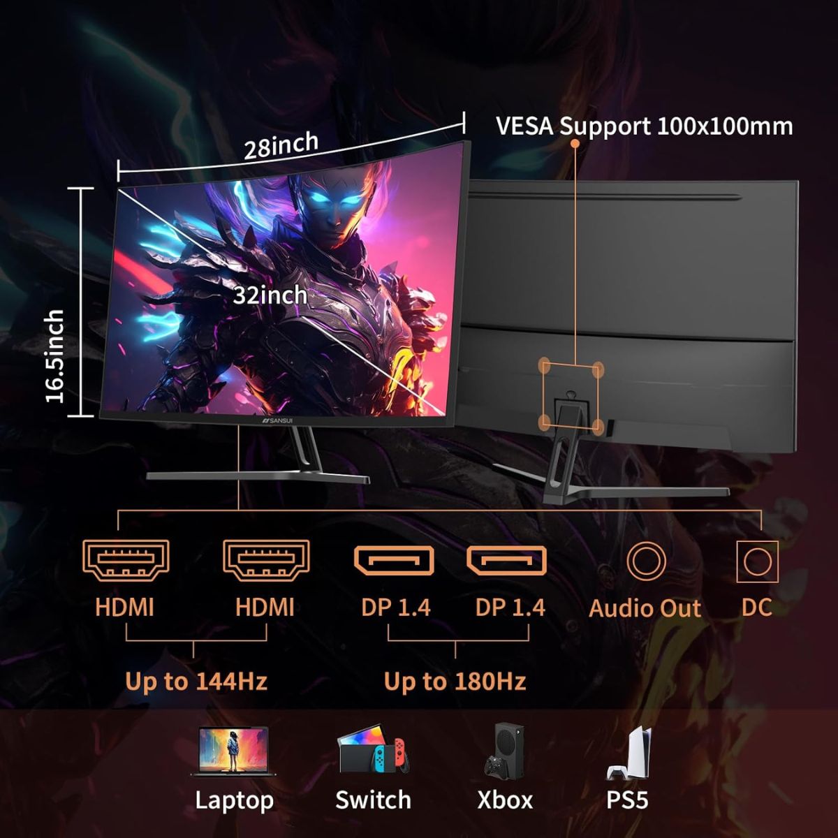 Sansui 32" Curved WQHD Gaming Monitor – 180Hz, 1ms (OD), 1500R, Fast VA, HDR, FreeSync (Black)