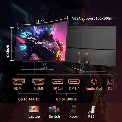 Sansui 32" Curved WQHD Gaming Monitor – 180Hz, 1ms (OD), 1500R, Fast VA, HDR, FreeSync (Black)