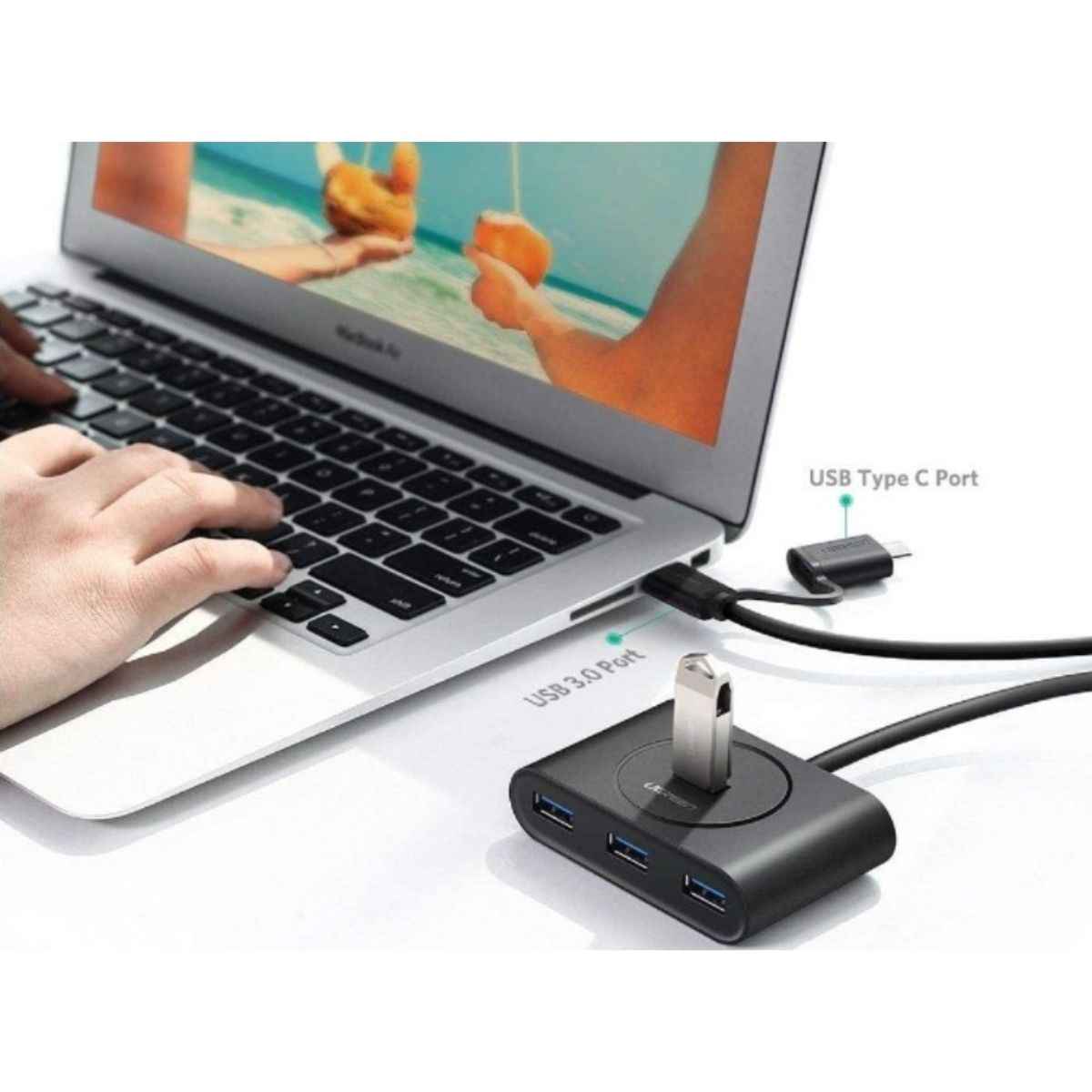 UGREEN 40850 USB 3.0 Hub with USB-C Port – 1m Cable, LED Indicator, Multi-OS Compatible (Black)
