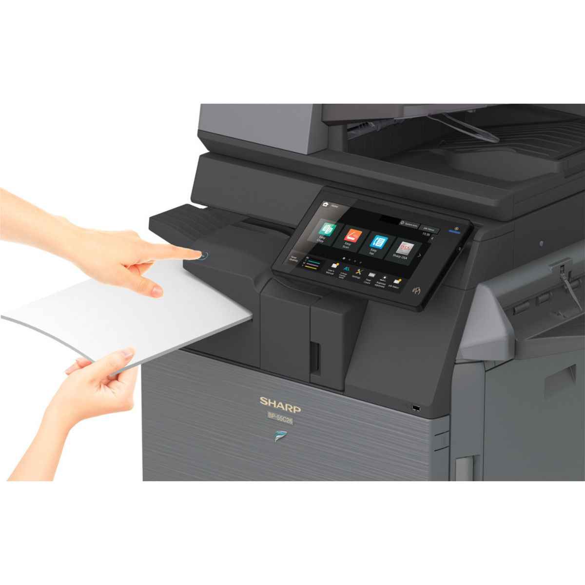 SHARP BP-50C26 MFP Color Laser Printer, 26 ppm Print Speed, Std 650 Max 6300 Sheets Paper Capacity, 128GB SSD, 1200 DPI, 10.1" Touch Display, Wireless LAN, Smart Scanning, Gray | BP-50C26