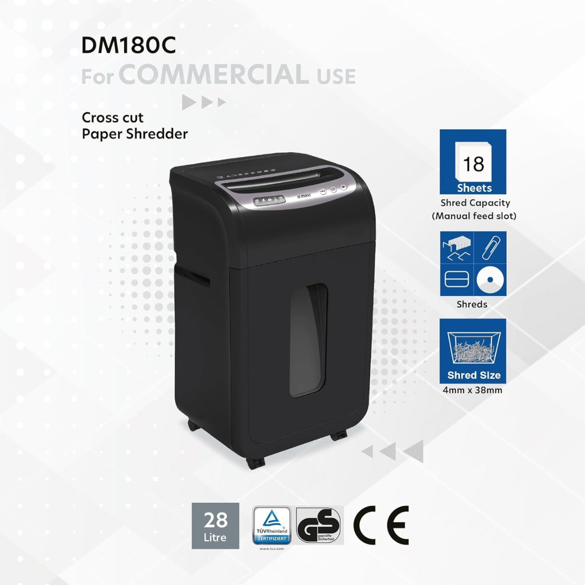 Maxi Cross Cut Shredder MX-DM180C – High Security Cross-Cut, 18-Sheet Capacity, 4×35mm Shred Size, 28L Bin, P-4 Security Level, Black