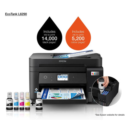 Epson EcoTank L6290 A4 Wi-Fi Duplex All-in-One Ink Jet Printer, 4800 x 1200 dpi Resolution, 15.5ipm Print Speed, 7500 Pages, LCD Screen, ADF Capability, Spill-free Ink Refilling, Black | L6290