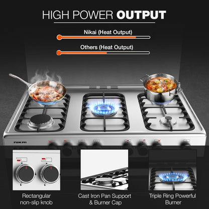 Nikai Free Standing Gas Cooker, Original Italian 5 Cup Burner, Full Auto Ignition, Original Italian Grill Burners, Double Glass Oven Door, Top And Glass Lid, Silver | U6090EG