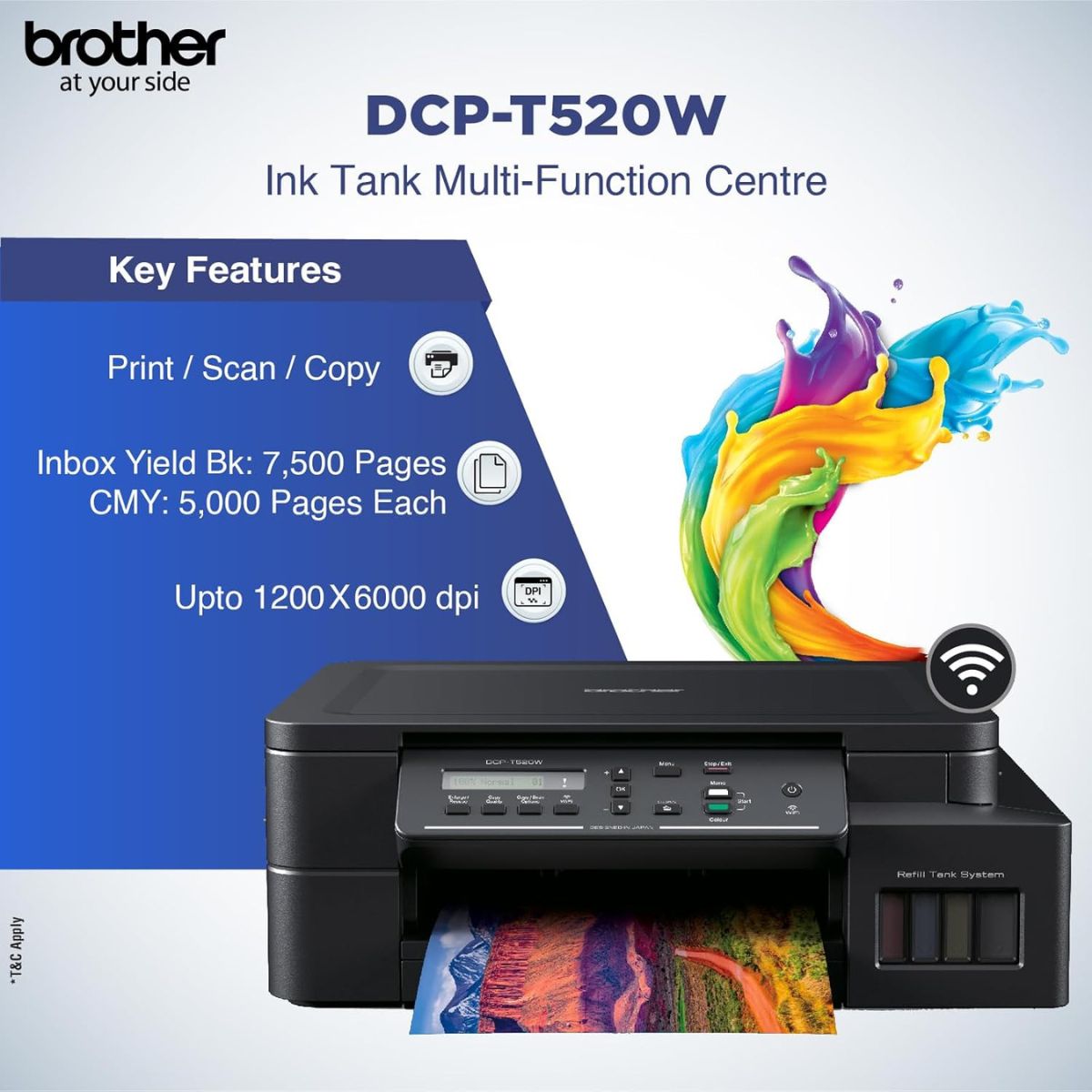 طابعة Brother DCP-T520W الكل في واحد بخزان حبر، طباعة عالية الجودة، بتكلفة منخفضة - راحة لاسلكية