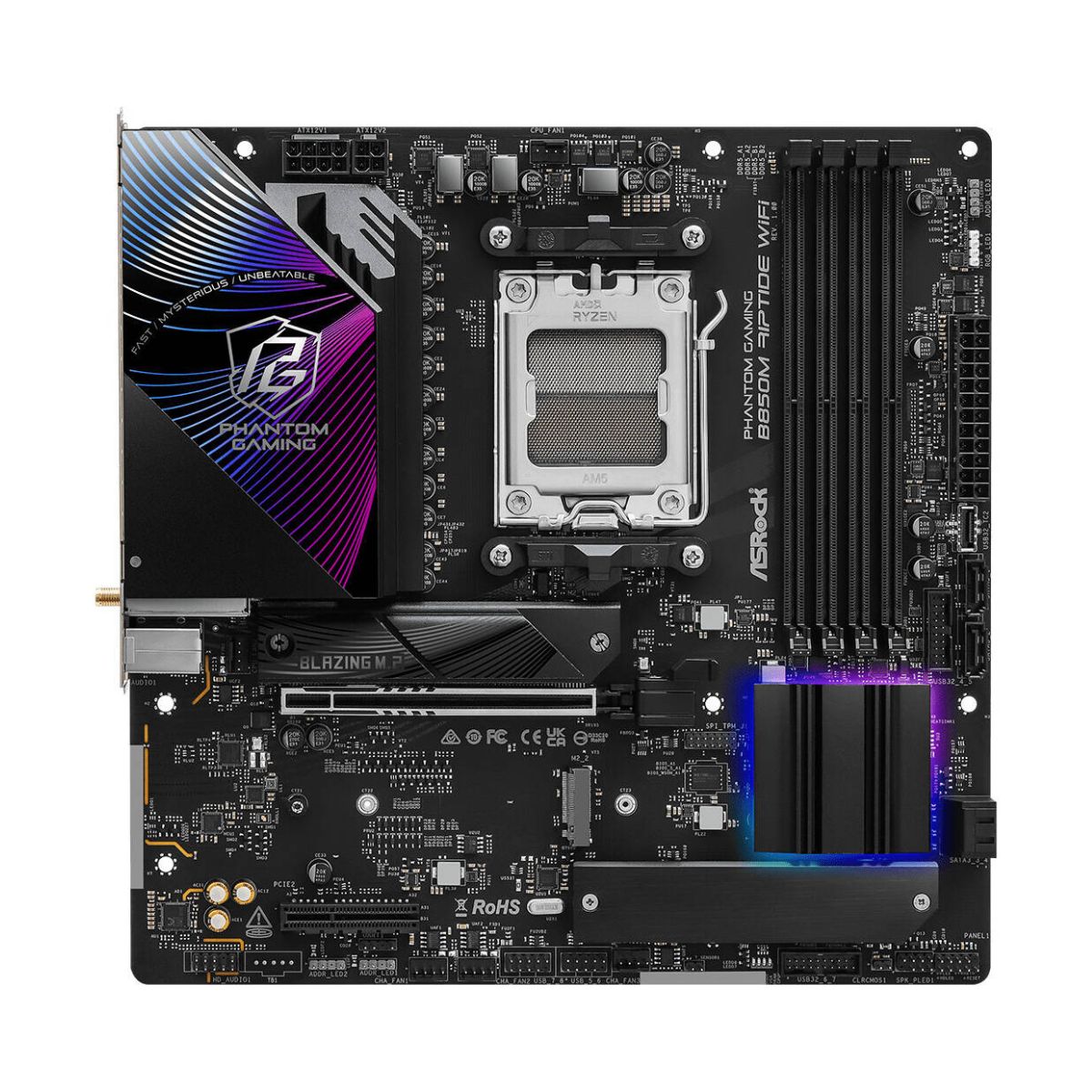 ASRock B850M Riptide WiFi AM5 ATX Motherboard, AMD B850 Chipset, 4x DDR5 DIMM Slots, 256GB Max Memory, 1x PCIe 5.0 x16 Slot, 3x M.2 Slots, Black | 90-MXBS30-A0UAYZ