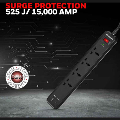 Honeywell Surge Protector - 4 Universal Sockets, 1xPD 18W & 1xUSB, 2 Meter Cord, Black