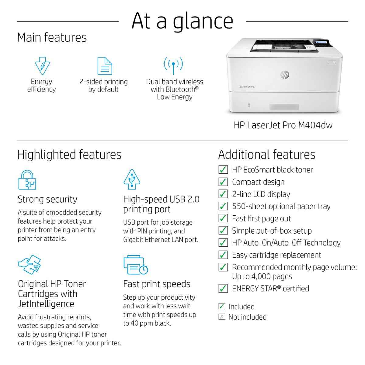 HP LaserJet Pro 404dw A4 Laser Printer, LCD Display, Up to 40ppm Print Speed, 1200x1200 dpi Resolution, Up to 80000 Pages Duty Cycle, USB,Ethernet,Wi-Fi, White | W1A56A