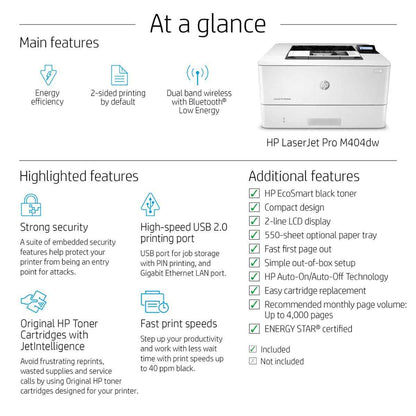 HP LaserJet Pro 404dw A4 Laser Printer, LCD Display, Up to 40ppm Print Speed, 1200x1200 dpi Resolution, Up to 80000 Pages Duty Cycle, USB,Ethernet,Wi-Fi, White | W1A56A