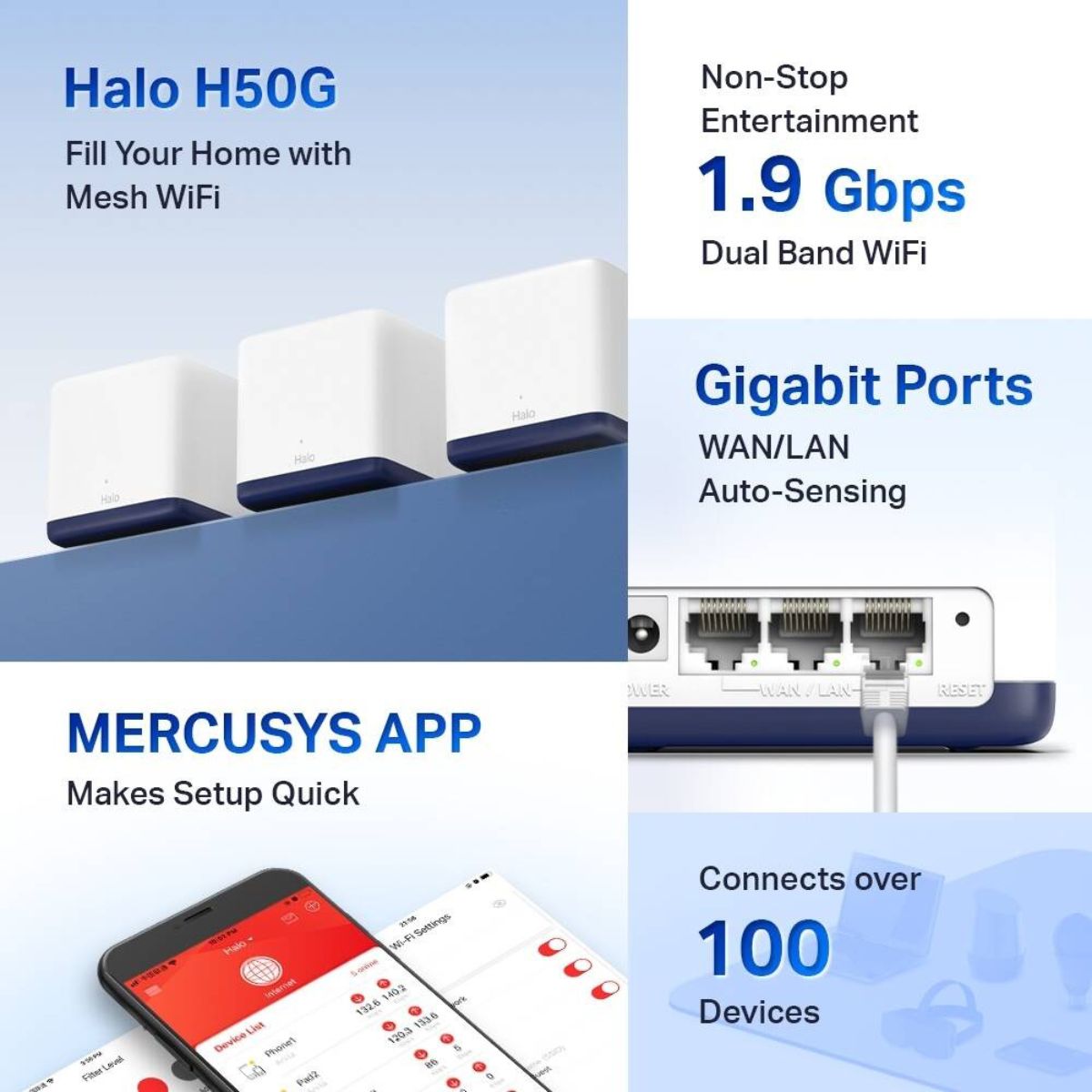 MERCUSYS Halo H50G AC1900 Mesh WiFi System | 3-Pack | Dual-Band WiFi 5 | Up to 1900 Mbps | 6,000 ft² Coverage | Gigabit Ethernet Ports | Seamless Roaming | White