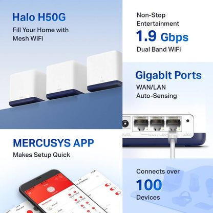 MERCUSYS Halo H50G AC1900 Mesh WiFi System | 3-Pack | Dual-Band WiFi 5 | Up to 1900 Mbps | 6,000 ft² Coverage | Gigabit Ethernet Ports | Seamless Roaming | White
