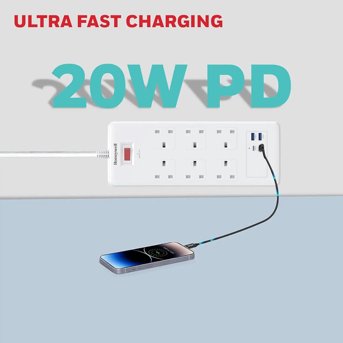 Honeywell Surge Protector - 6 Universal Sockets, 2xPD 20W & 2xUSB, 1.8 Meter Cord, White
