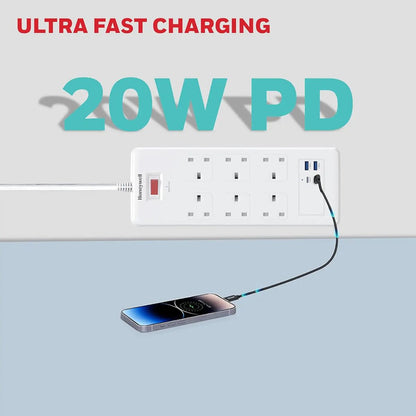 Honeywell Surge Protector - 6 Universal Sockets, 2xPD 20W & 2xUSB, 1.8 Meter Cord, White