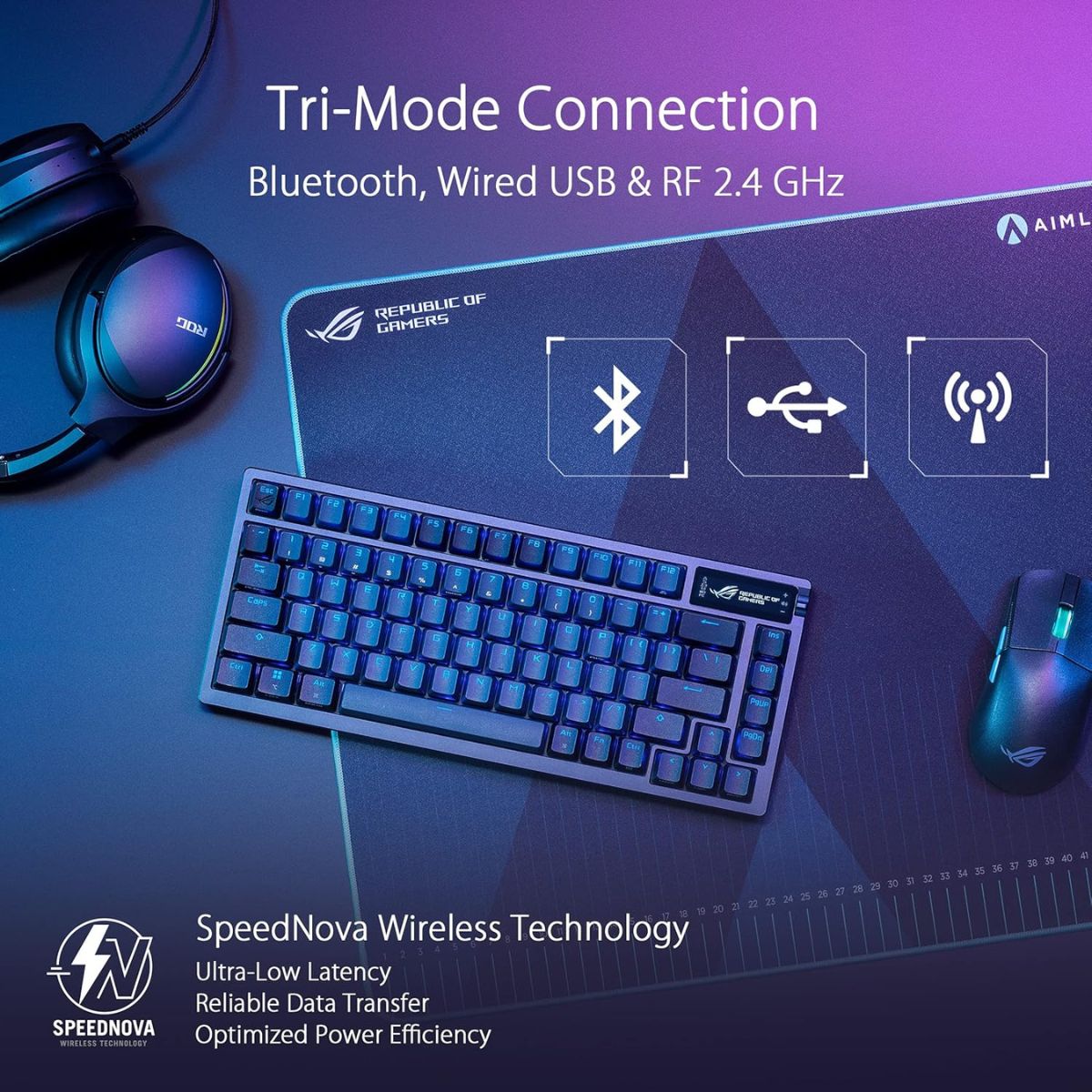 Asus ROG Azoth 75 DIY Custom RGB Gaming Keyboard – Black & White, 75%, OLED Display, Tri-Mode Connection, Hot-Swappable, ROG NX Switches