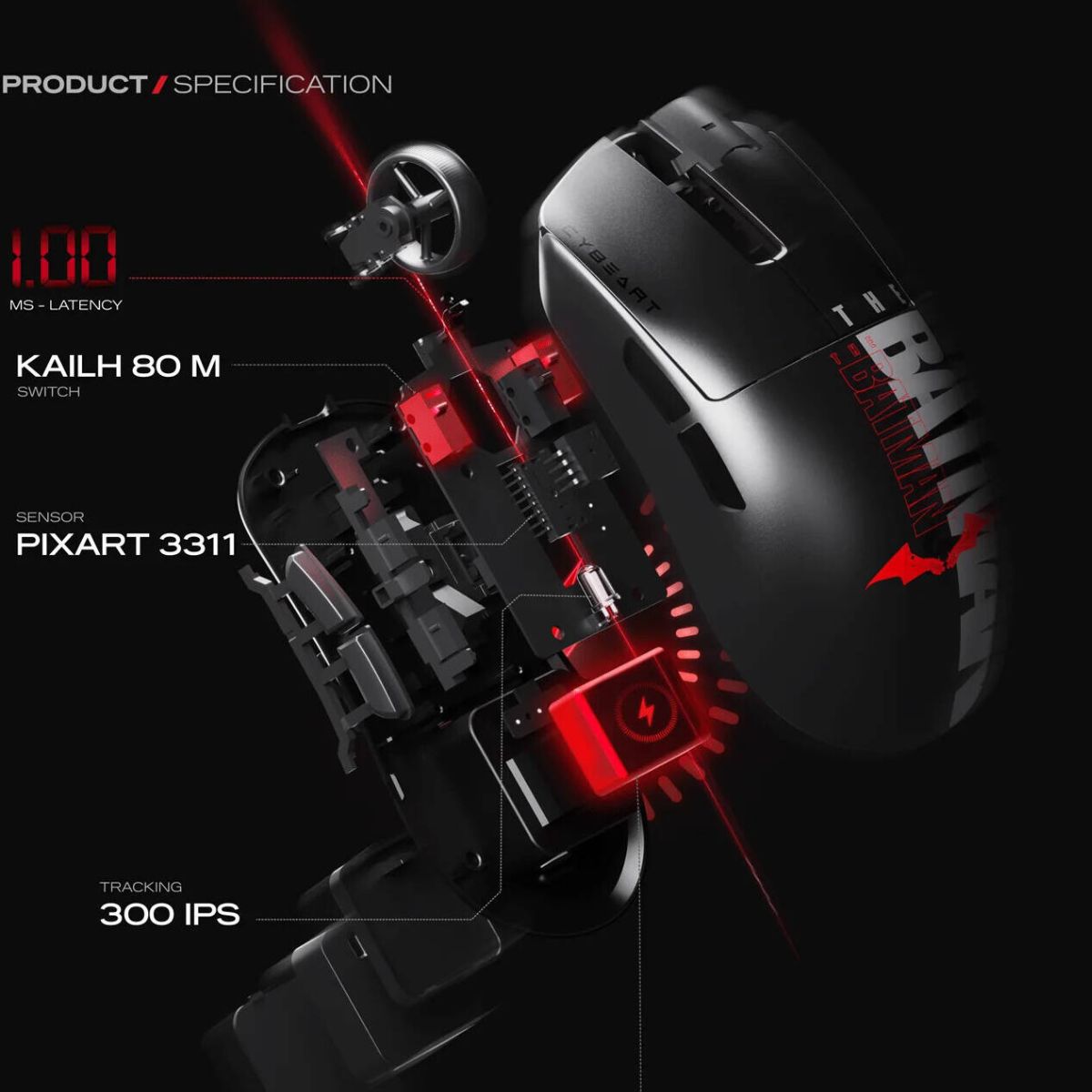 Cybeart Artemis The Batman Edition Wireless Gaming Mouse – 1000Hz, 52g Ultra-Light, 24,000 DPI, Tri-Mode (Black/Red | MC-ARTEMIS-BM01)