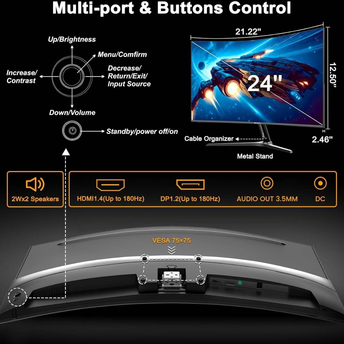Sansui ES-G24C1 24" Curved Gaming Monitor – 180Hz, 1ms (MPRT), FHD, Fast VA, FreeSync, HDR (Black)