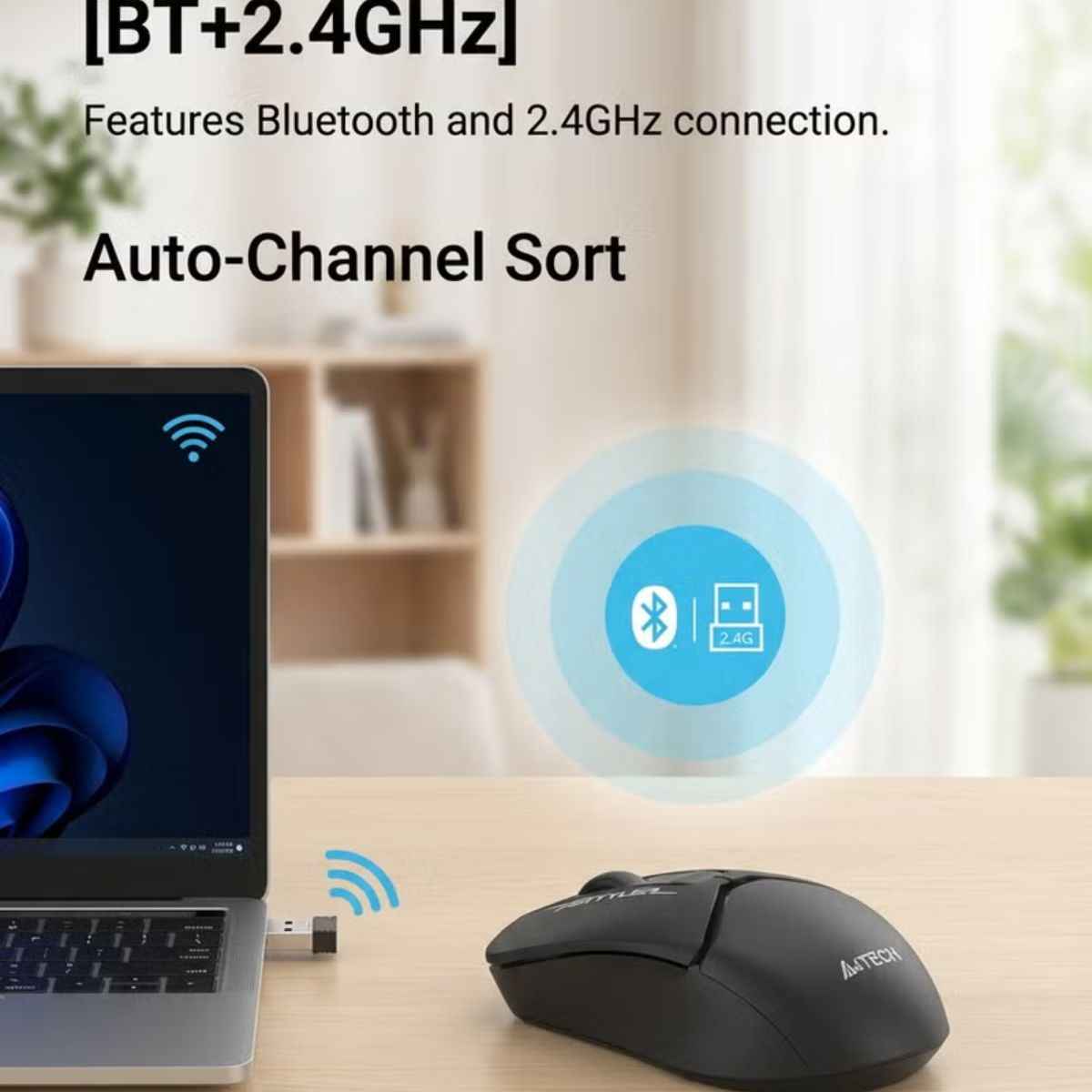 A4Tech FB12S Dual Mode Wireless & Bluetooth Mouse – Silent Click, 1200 DPI, USB Nano Receiver, Black