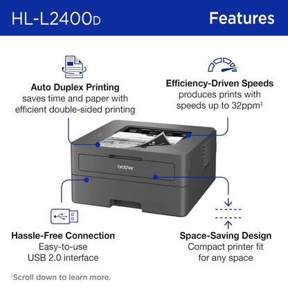 Brother HL-L2400D Compact Mono Laser Printer, Automatic Duplex Printing, Up to 30/32 ppm, USB Connectivity, Black | HL-L2400D