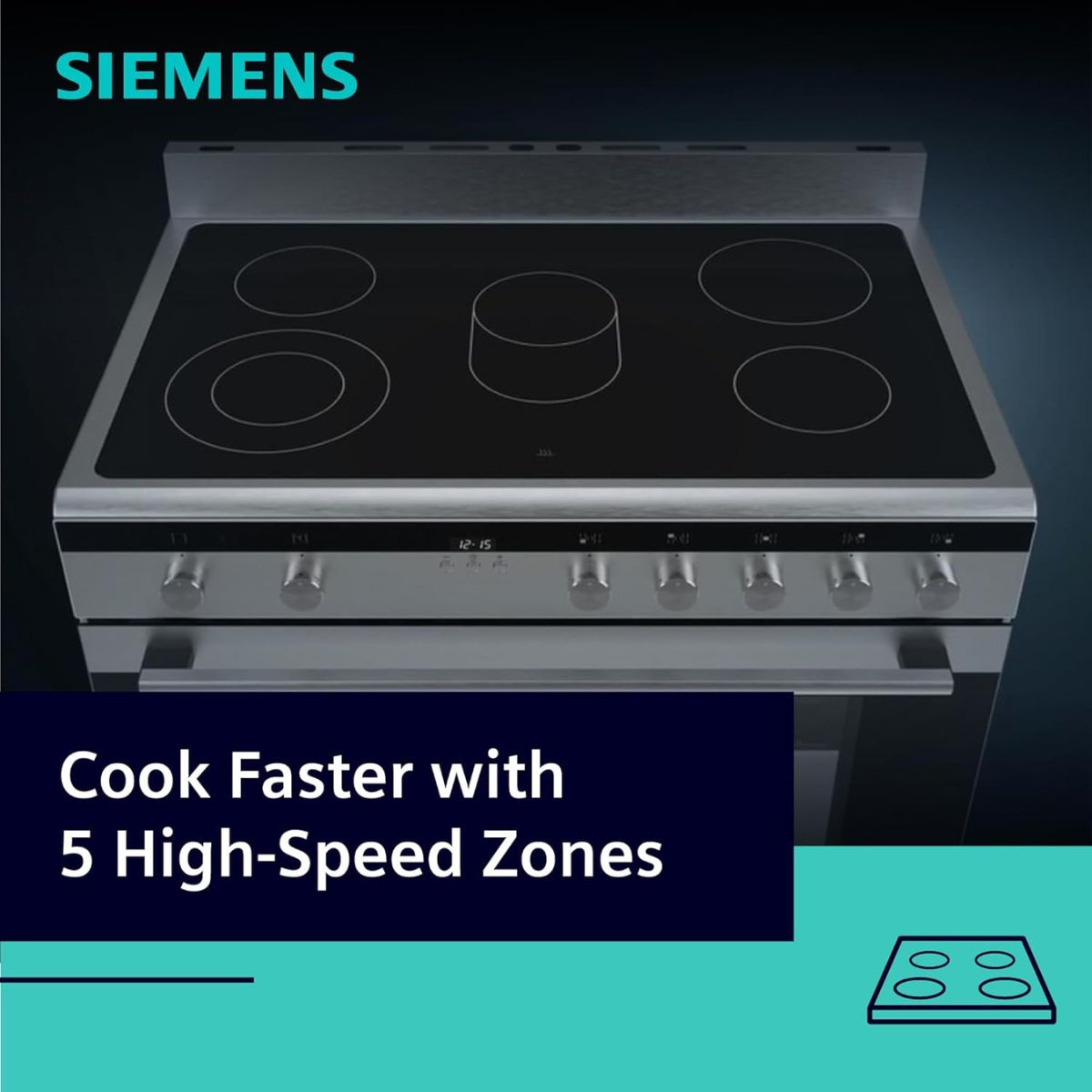 Siemens HK9K9V850M iQ700 Free-Standing Electric Range Cooker, 112L Usable Volume, 5 Ceramic Cooking Zones, Integrated Cooling Fan, Residual Heat Indicators, Stainless Steel