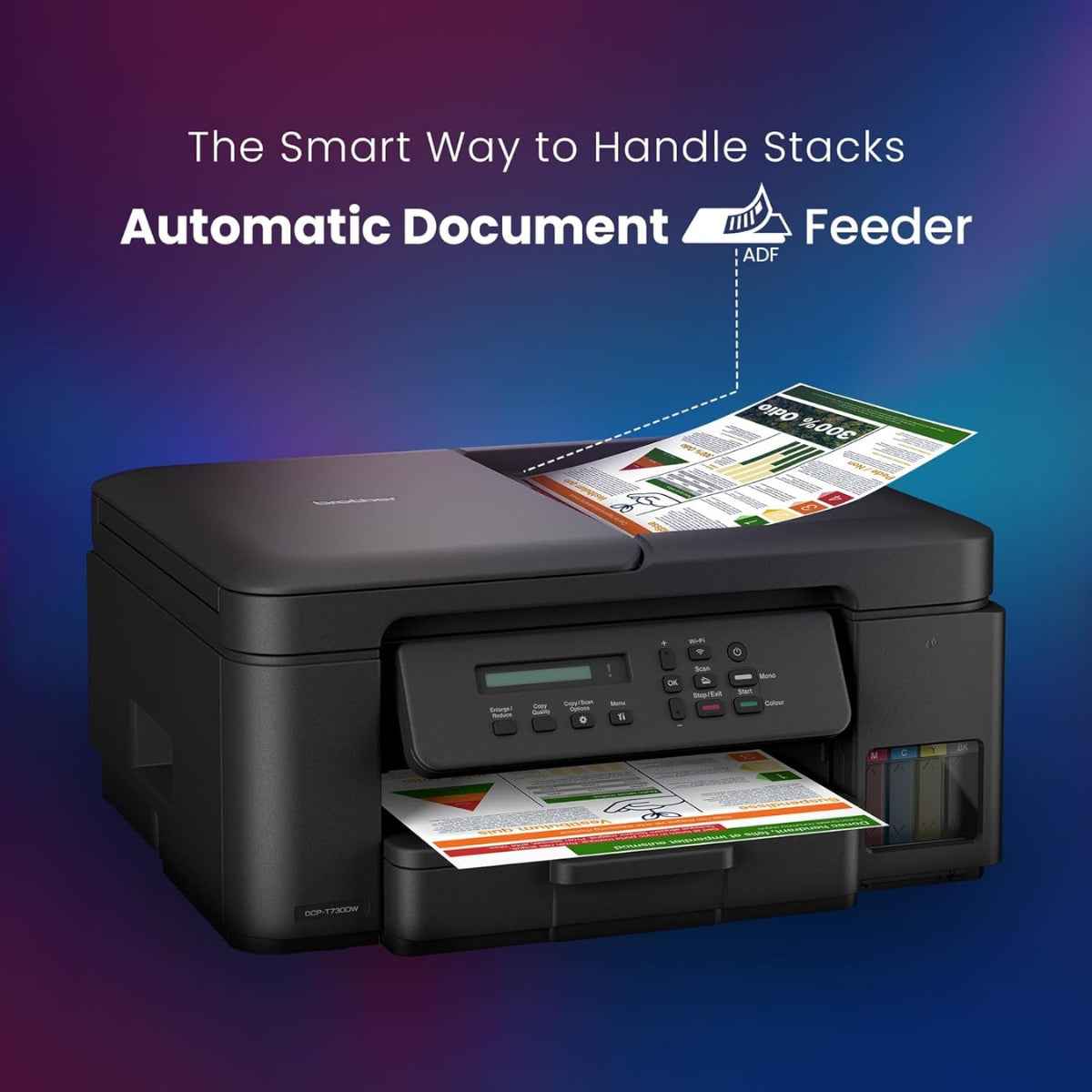 Brother DCP-T730DW Ink Tank Printer, Up to 1200 x 6000 DPI, 16 IPM Print Speed, Auto 2 Sided (Duplex) Printing, 20 Sheets Auto-Document Feeder, WiFi, WiFi-Direct, USB 2.0, Black | DCP-T730DW