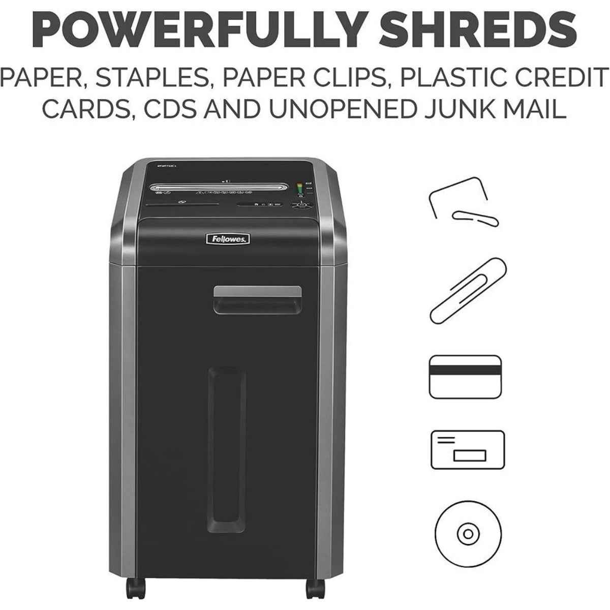 Fellowes PowerShred 225Ci Cross-Cut Shredder, 60L Bin Capacity, 4 x 38mm Cut Size, P-4 Security Level, SafeSense & SilenShred Technology, Shreds Up to 24-Sheets, Energy Saving System, Black | 225Ci