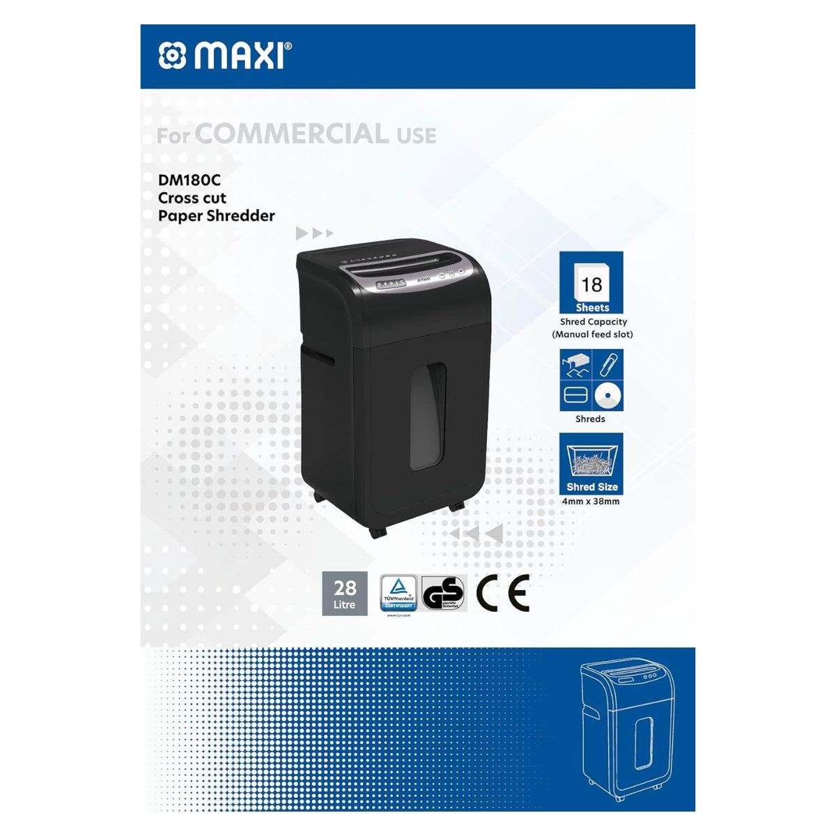 Maxi Cross Cut Shredder MX-DM180C – High Security Cross-Cut, 18-Sheet Capacity, 4×35mm Shred Size, 28L Bin, P-4 Security Level, Black