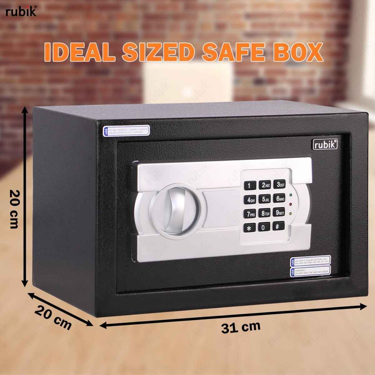 Rubik Small Safe Box with Digital Keypad & Key Lock – 20x31x20cm, Black, White