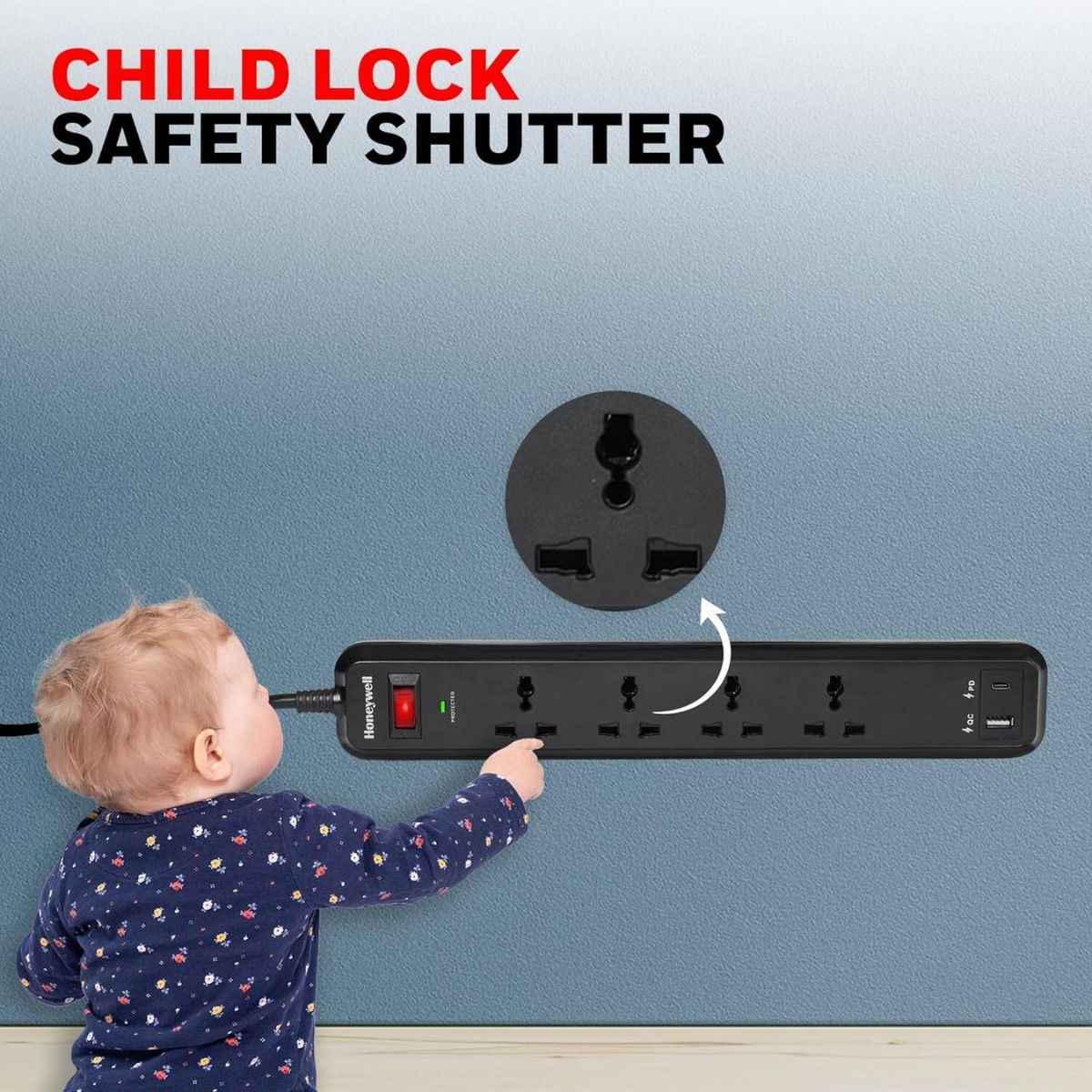 Honeywell Surge Protector - 4 Universal Sockets, 1xPD 18W & 1xUSB, 2 Meter Cord, Black