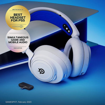 SteelSeries Arctis Nova 7P Wireless Multi-System Gaming & Mobile Headset, Nova Acoustic System, 2.4GHz & Simultaneous Bluetooth, 38Hr Battery, ClearCast Gen2 Mic, PlayStation, PC, White | 61561