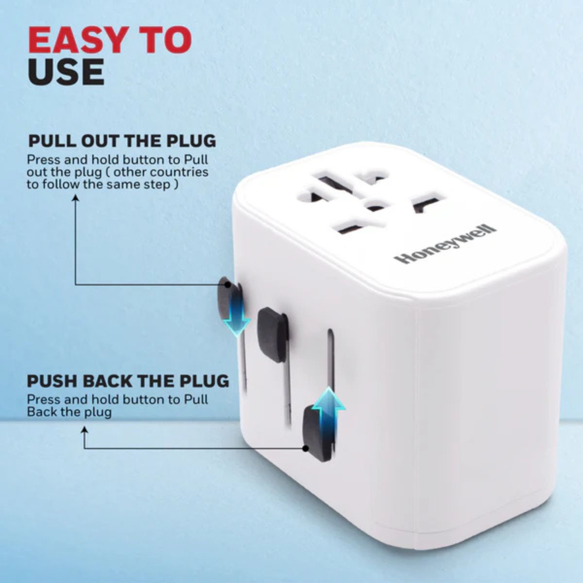 Honeywell Universal World Travel Adapter (EU,US,UK & CN) with 2xUSB-A Ports (12W), 1xType-C PD 30W Port, White