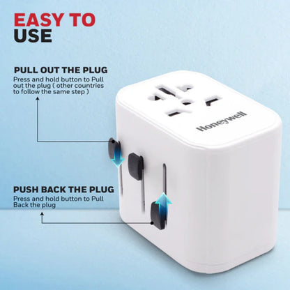 Honeywell Universal World Travel Adapter (EU,US,UK & CN) with 2xUSB-A Ports (12W), 1xType-C PD 30W Port, White