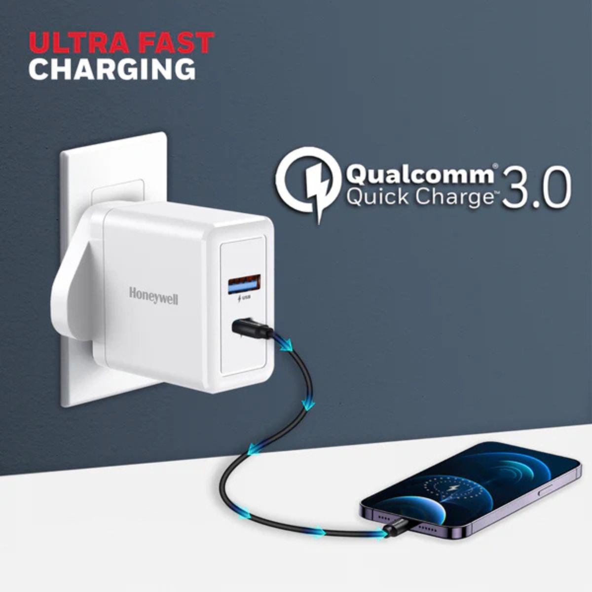 Honeywell Zest Charger PD30W, with Type C PD 3,0, Ultra-Fast Charging Compatible with iPhone, iPad, Samsung, Smartphones, Tablets, Power banks, Smart Watch, etc-White | HC000028/CHG/PD/WHT/30W/UK