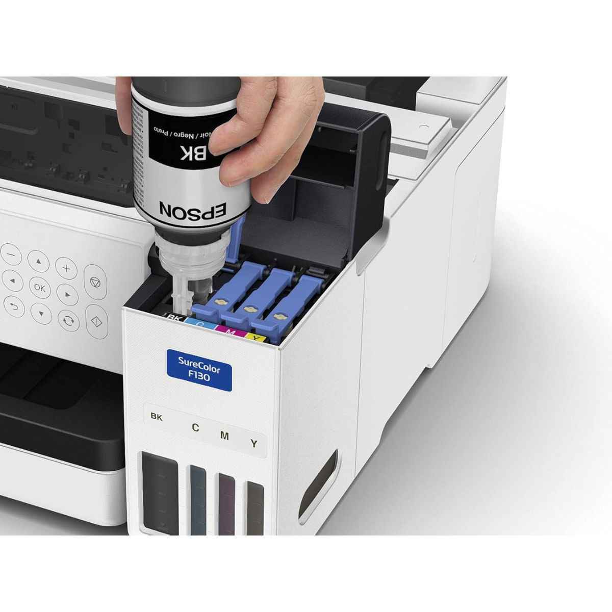 Epson SC-F100 A4 Dye Sublimation Printer, Minimum droplet size 3.8pl, Wi-Fi, Ethernet, USB 2.0 Connectivity, PrecisionCore Micro TFP Printhead, Refillable Ink 140ml Bottles, White | C11CJ80301