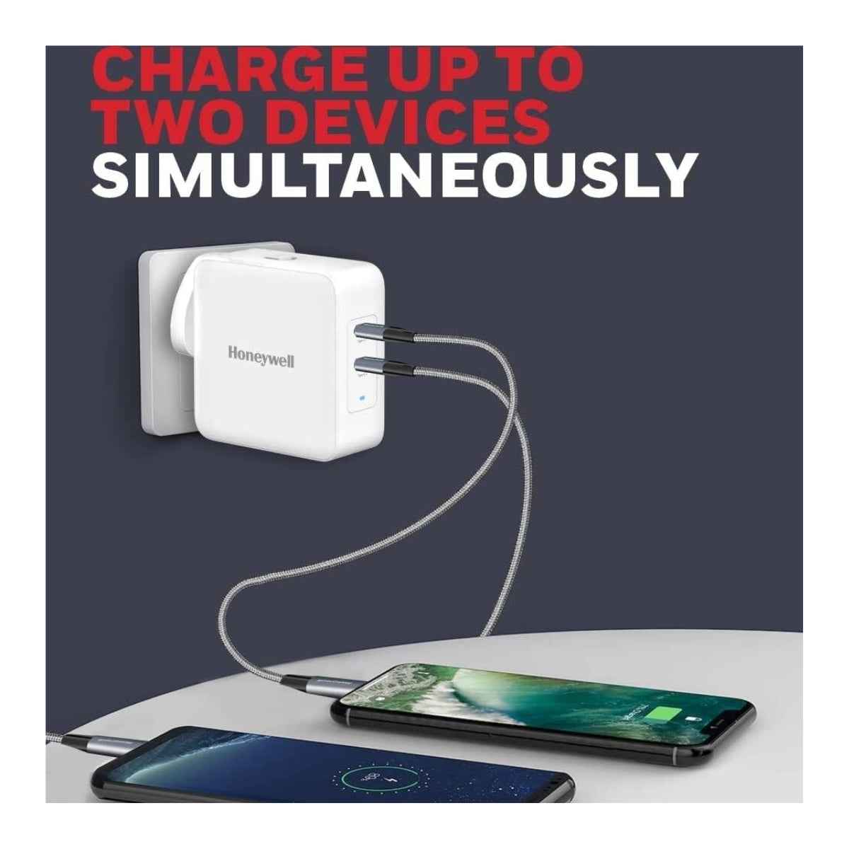 Honeywell Zest Charger GaN 65W, 2xType C PD 3.0 Ports,Equipped with Switchable Plugs,Ultra-Fast Charging Compatible with iPhone,MacBook Air,iPad Pro,Pixel,Galaxy,Laptops