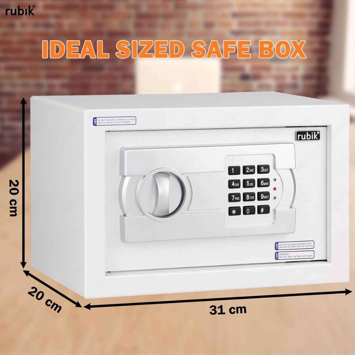 Rubik Small Safe Box with Digital Keypad & Key Lock – 20x31x20cm, Black, White