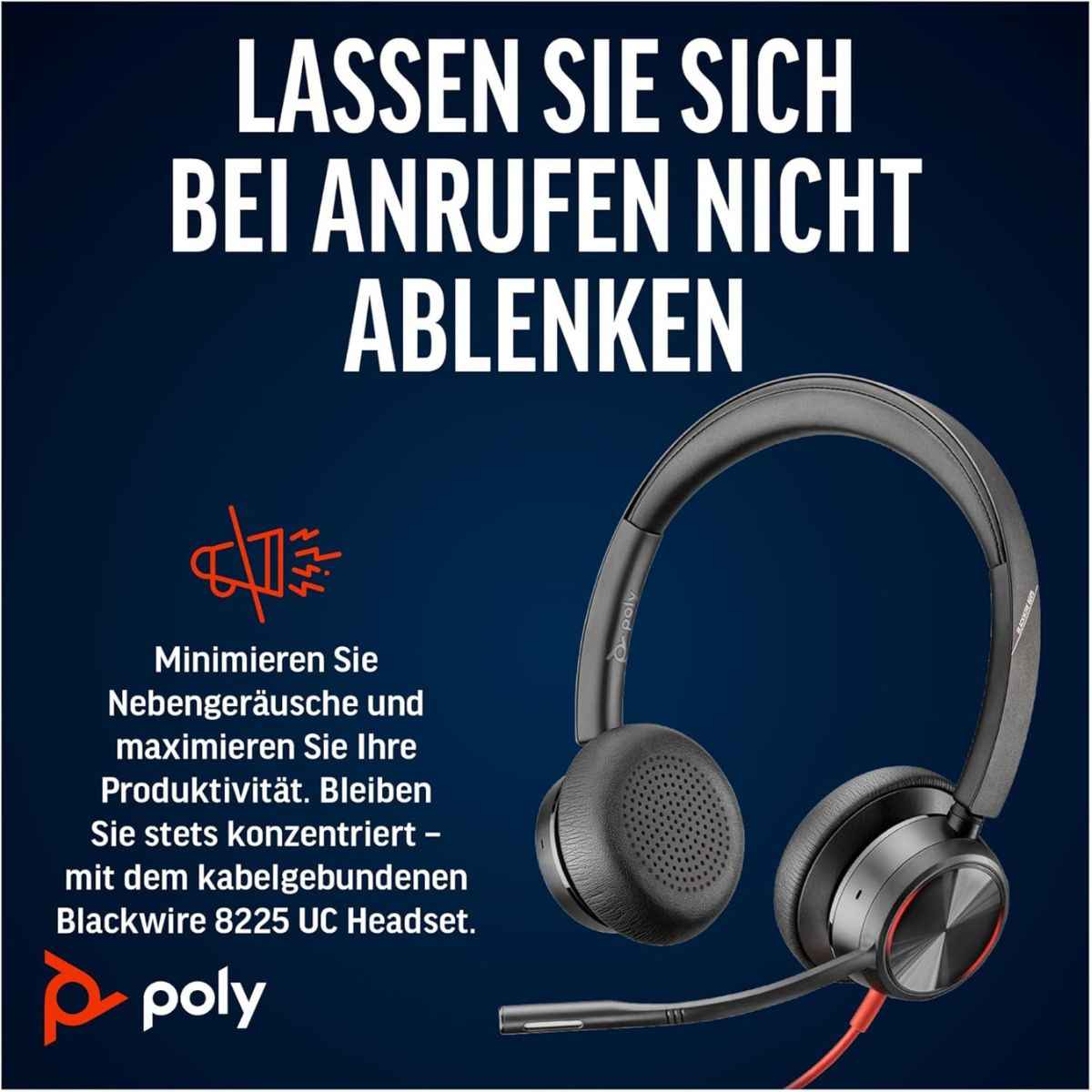 HP Poly Blackwire 8225 Stereo USB-C Headset +USB-C/A Adapter, Active Noise Cancelling and Flexible Microphone Arm, Black, Wired