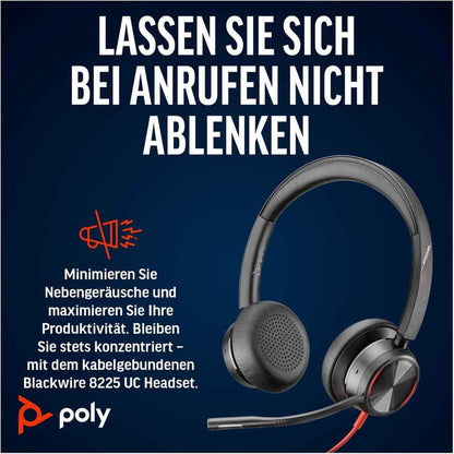 HP Poly Blackwire 8225 Stereo USB-C Headset +USB-C/A Adapter, Active Noise Cancelling and Flexible Microphone Arm, Black, Wired